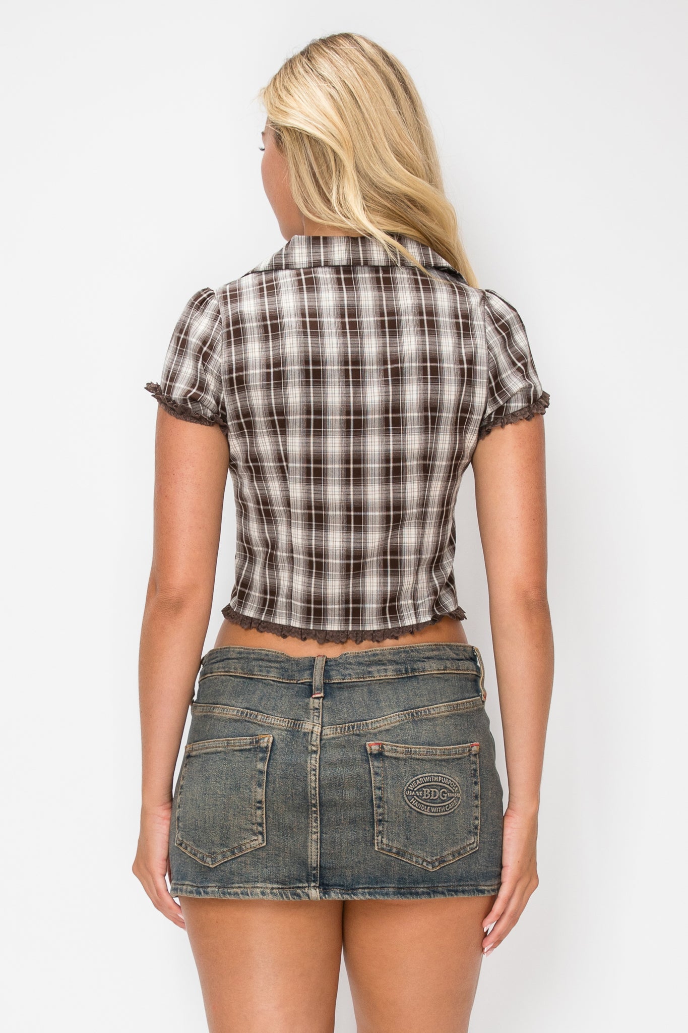 Plaid Lace Trim Blouse