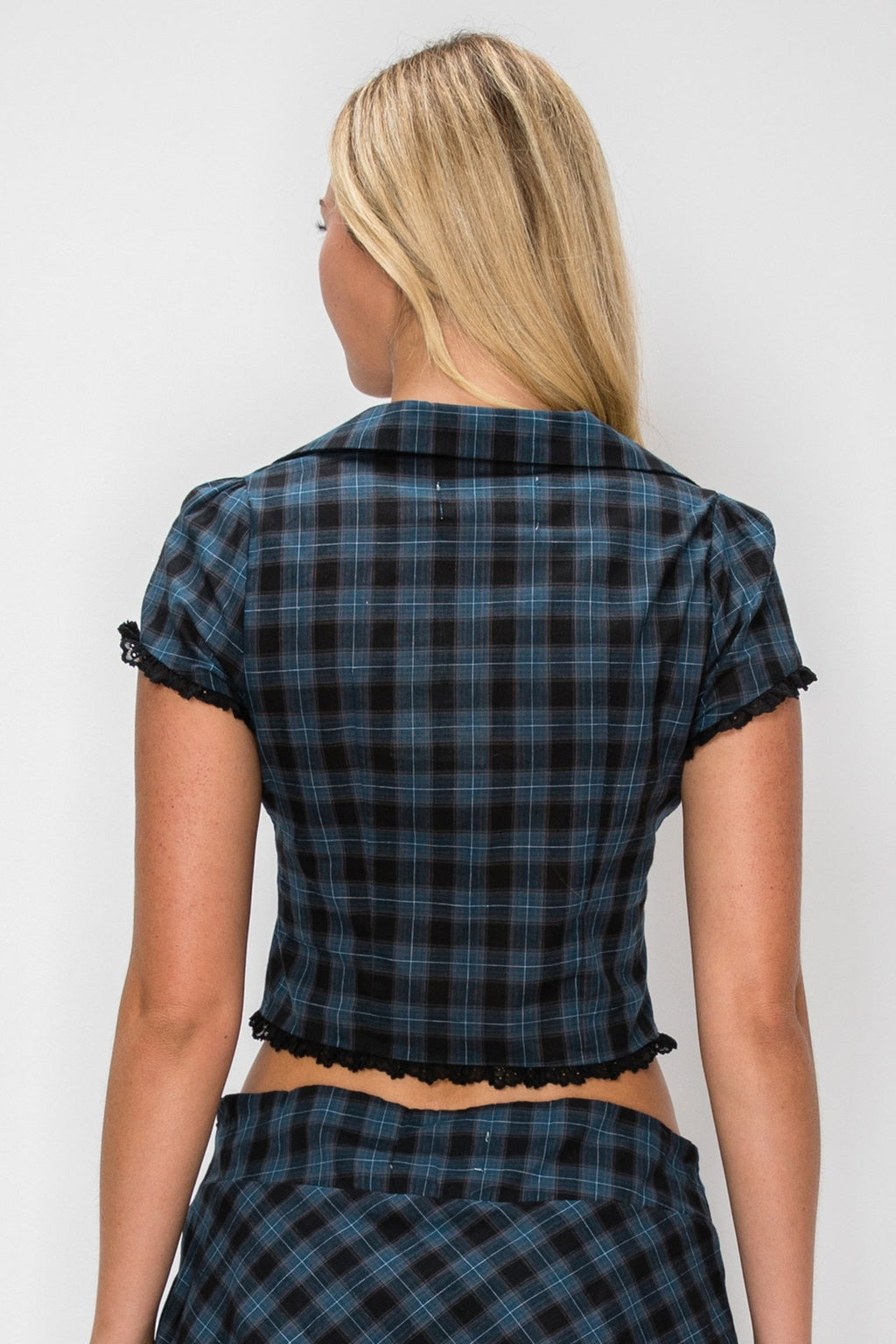 Plaid Lace Trim Blouse