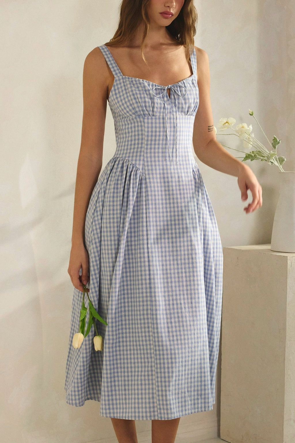 Gingham Tie Front Midi Dress