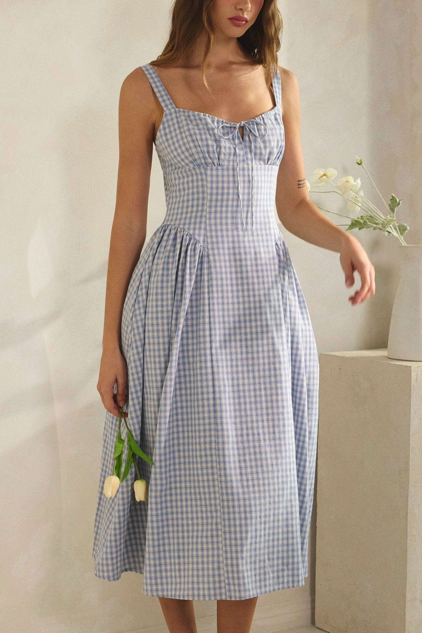 Gingham Tie Front Midi Dress