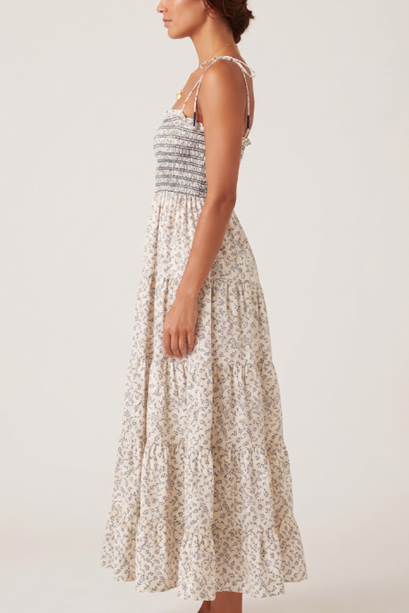 Smocked Tie Strap Midi Dress