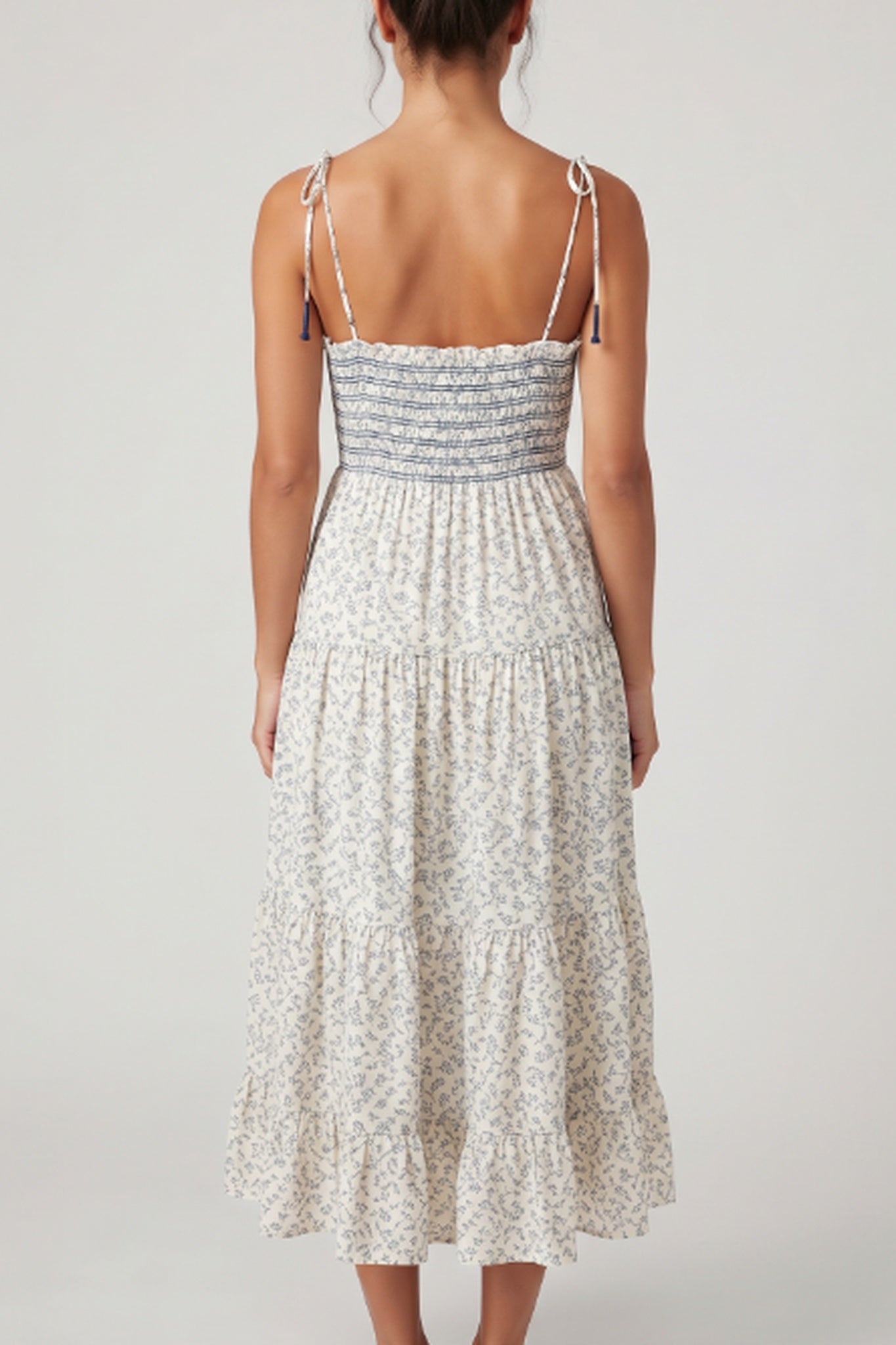 Smocked Tie Strap Midi Dress