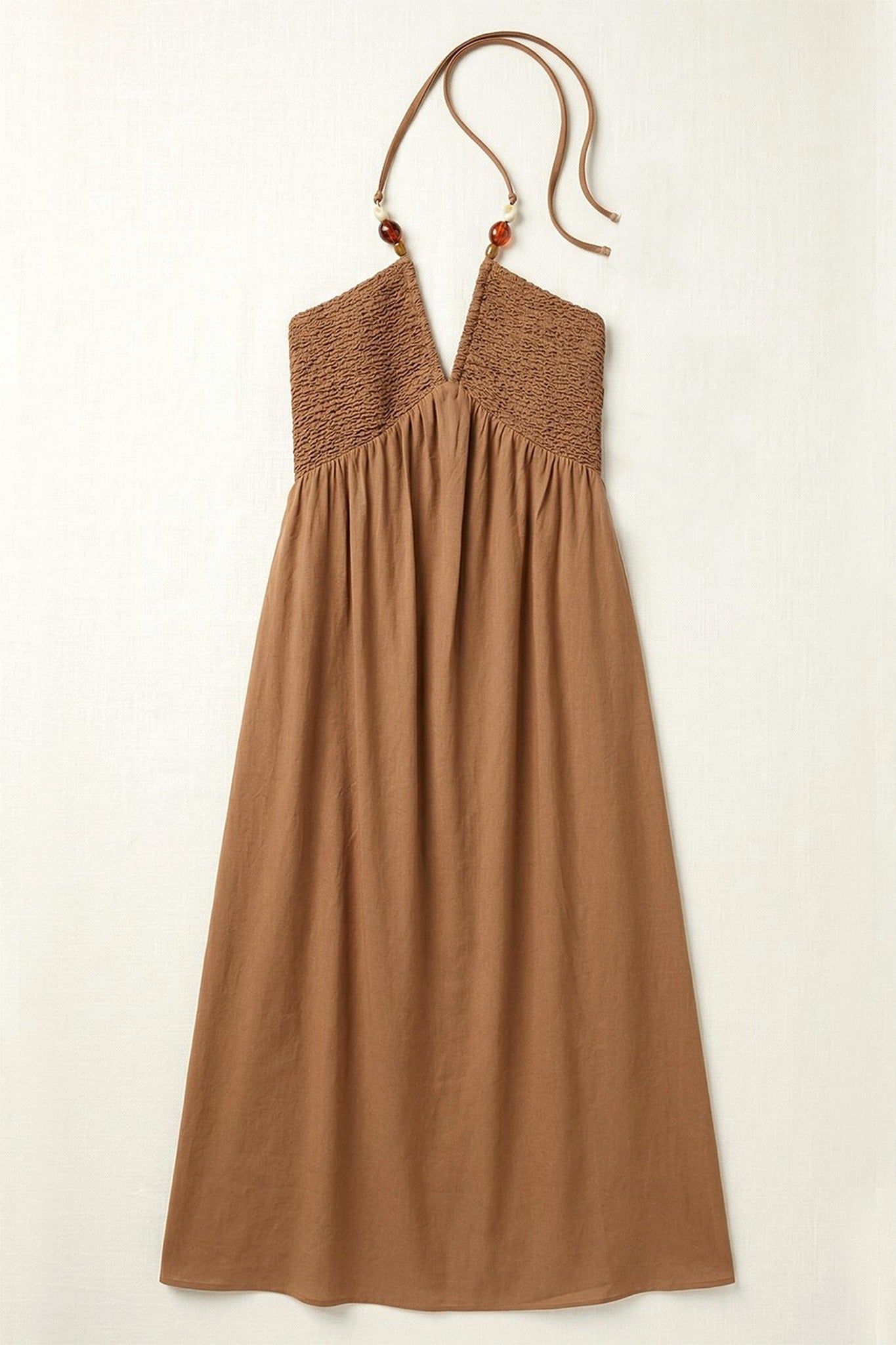 Smocked Beaded Halter Midi Dress